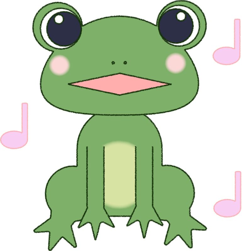 歌うかわいいカエルのフリーイラスト（音符・ほっぺあり）