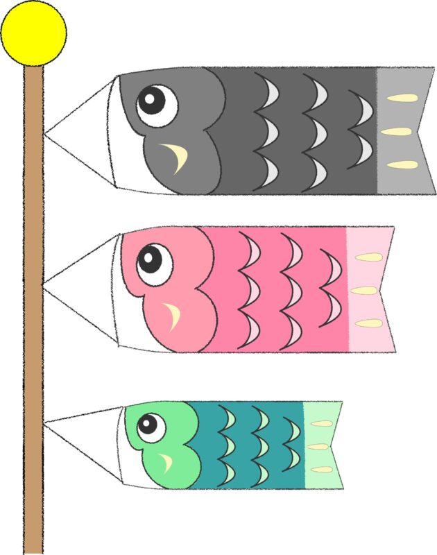 こいのぼり3匹セットのフリーイラスト（竿付き）