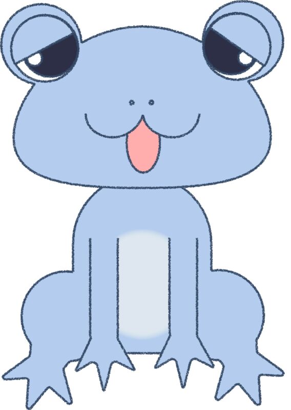 カエル イラスト 驚き 水色 シンプル クレヨン風 かわいい チラシ おたより 資料 無料