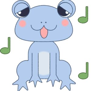 カエル イラスト 歌う 水色 かわいい シンプル クレヨン風 かわいい チラシ おたより 資料 無料