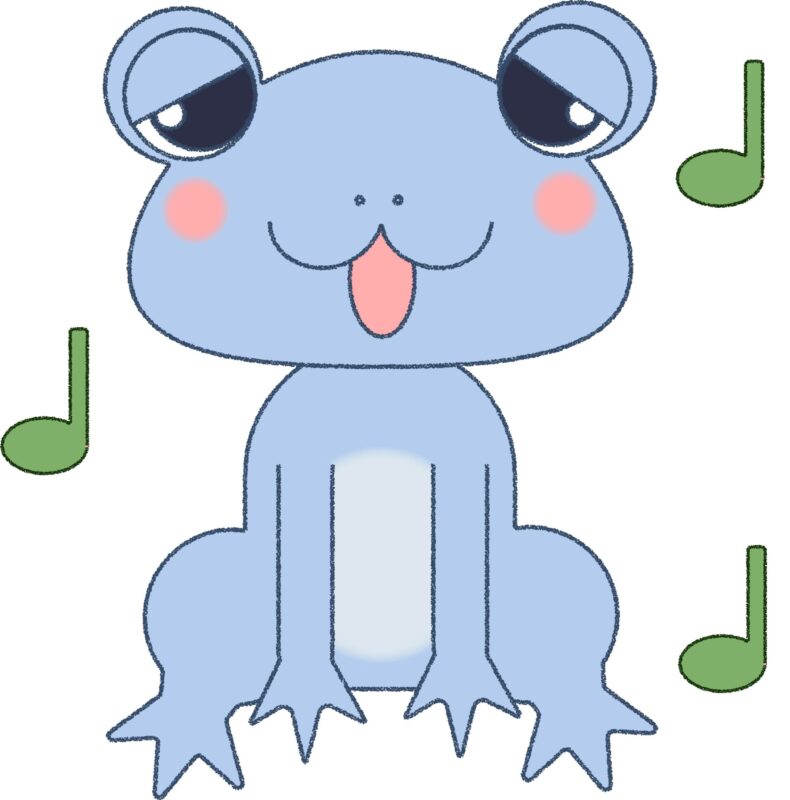カエル イラスト 歌う 水色 かわいい シンプル クレヨン風 かわいい チラシ おたより 資料 無料