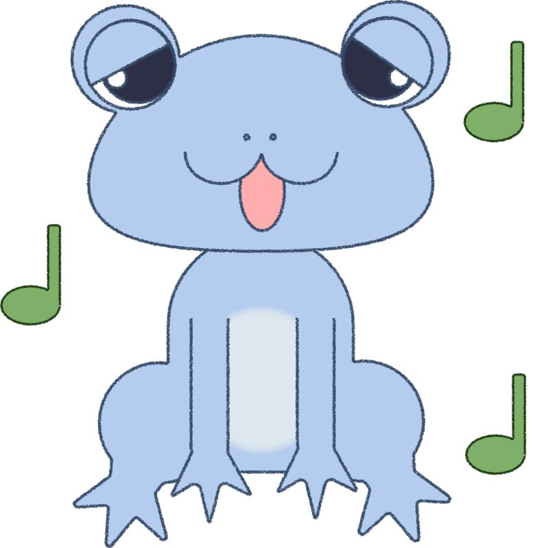 カエル イラスト 歌う 水色 シンプル シンプル クレヨン風 かわいい チラシ おたより 資料 無料