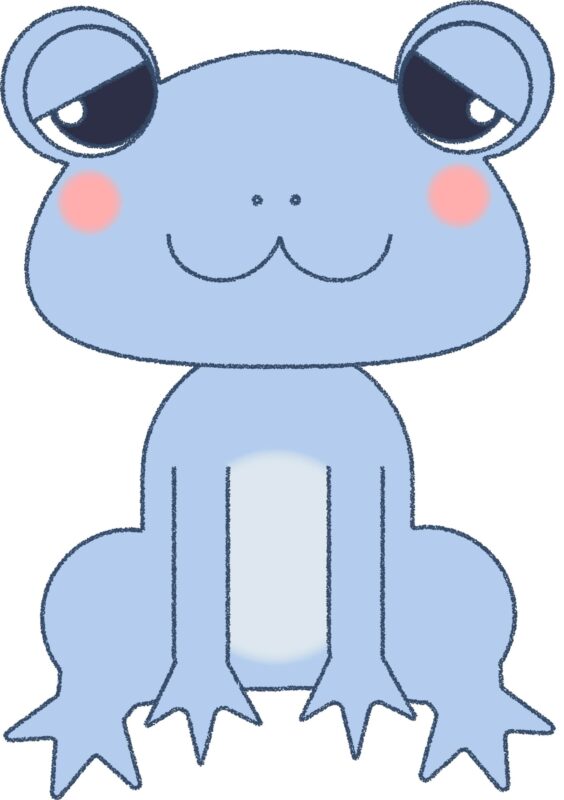 カエル イラスト 笑顔 水色 シンプル クレヨン風 かわいい チラシ おたより 資料 無料