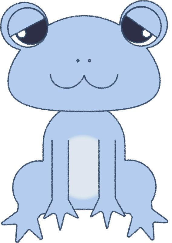 カエル イラスト 笑顔 水色 シンプル クレヨン風 かわいい チラシ おたより 資料 無料