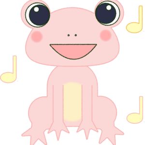 カエル イラスト 歌う ピンク シンプル クレヨン風 かわいい チラシ おたより 資料 無料