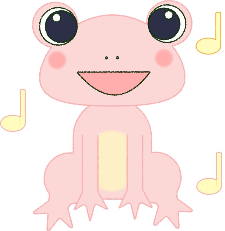 カエル イラスト 歌う ピンク シンプル クレヨン風 かわいい チラシ おたより 資料 無料