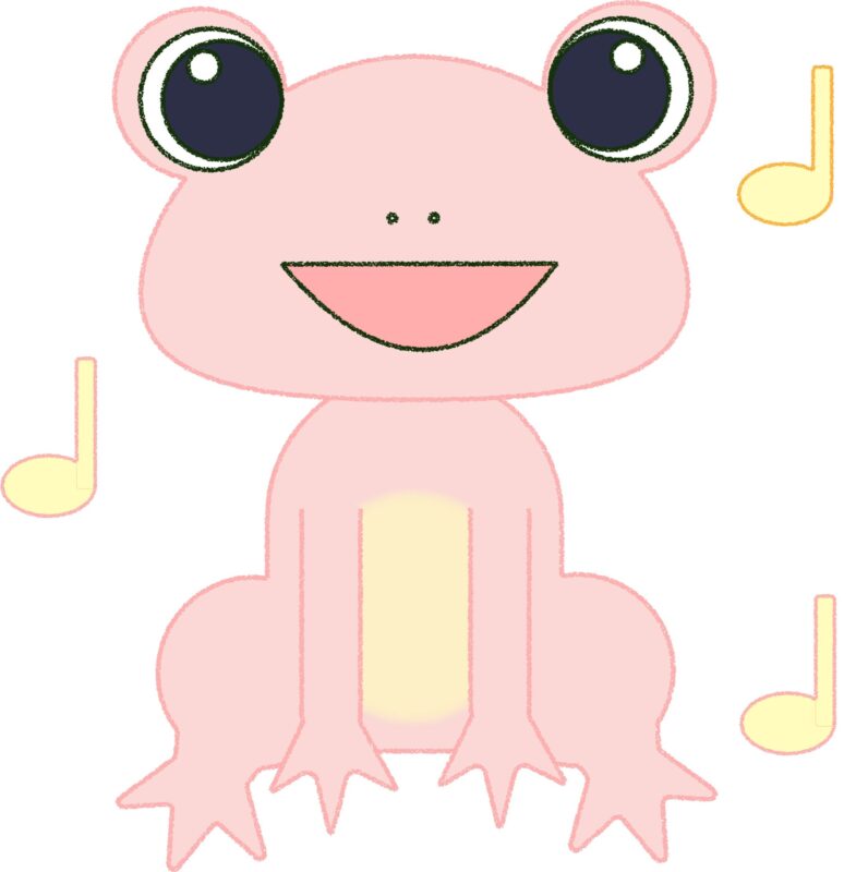 カエル イラスト 歌う ピンク シンプル クレヨン風 かわいい チラシ おたより 資料 無料