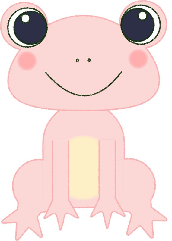カエル イラスト 笑顔 ピンク シンプル クレヨン風 かわいい チラシ おたより 資料 無料
