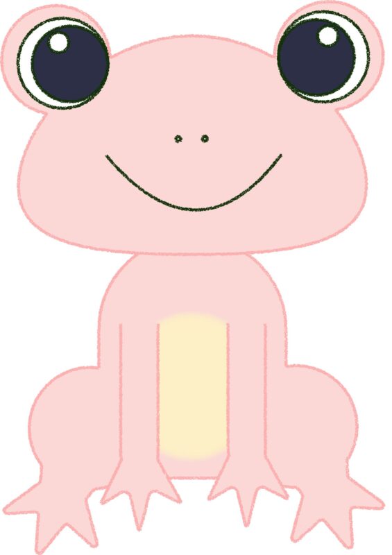 カエル イラスト 笑顔 ピンク シンプル クレヨン風 かわいい チラシ おたより 資料 無料