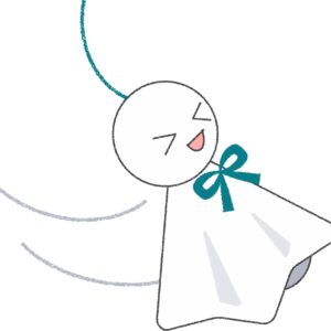 風に揺れて笑うてるてる坊主（青リボン）のイラスト