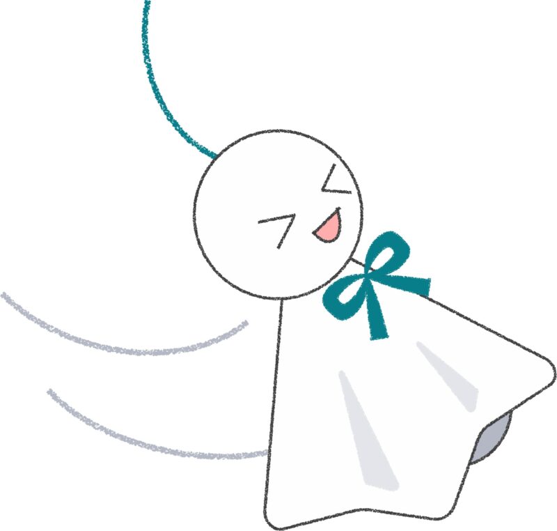風に揺れて笑うてるてる坊主（青リボン）のイラスト