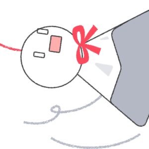 強風で飛ばされそうなてるてる坊主（赤リボン）のイラスト
