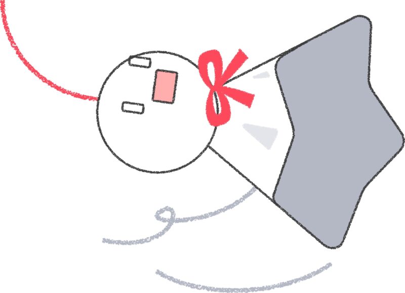 強風で飛ばされそうなてるてる坊主（赤リボン）のイラスト