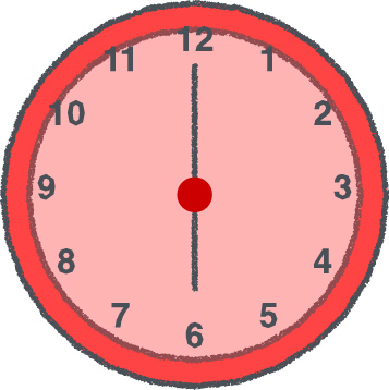 時計 イラスト クレヨン風 6時 レッド 無料