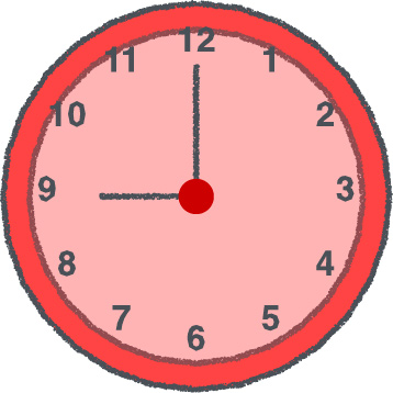 時計 イラスト クレヨン風 9時 レッド 無料