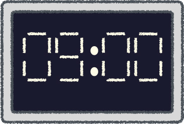 デジタル時計 イラスト クレヨン風 9時 グレー 無料