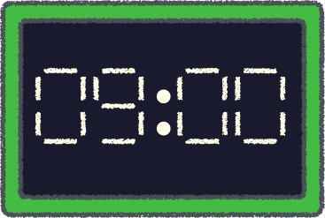 デジタル時計 イラスト クレヨン風 9時 グリーン 無料