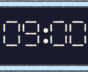 デジタル時計 イラスト クレヨン風 9時 スカイブルー 無料