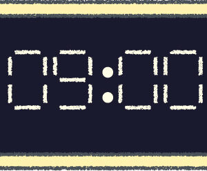 デジタル時計 イラスト クレヨン風 9時 イエロー 無料