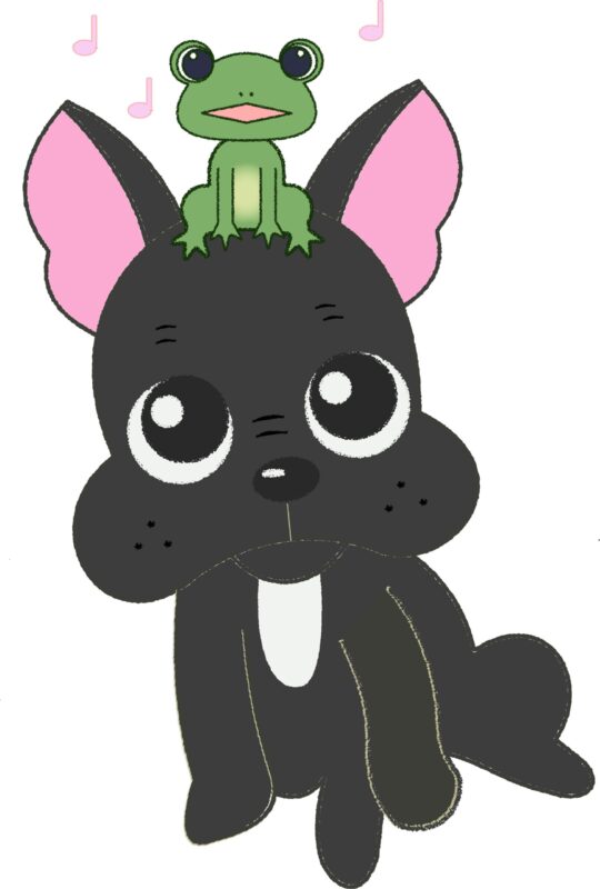 フレンチブルドッグ イラスト 頭の上にカエル 梅雨 ちょんまる ゆるかわ シンプル クレヨン風 かわいい 無料