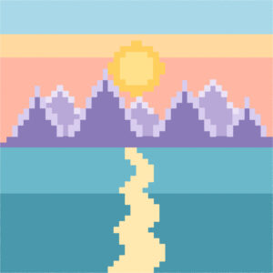 山と海の夕焼け イラスト ドット絵風 かわいい 季節 無料